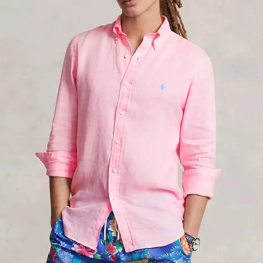 Men's Pink Polo by Ralph Lauren linen Shirt sz L NWT